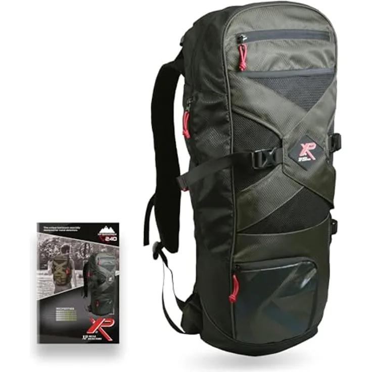 XP Metal Detectors Rucksack 240, leichter und robuster Wanderrucksack für Metalldetektoren, 31 Liter, grün mit geometrischem Muster, ergonomisch und praktisch mit über 8 Taschen und Fächern