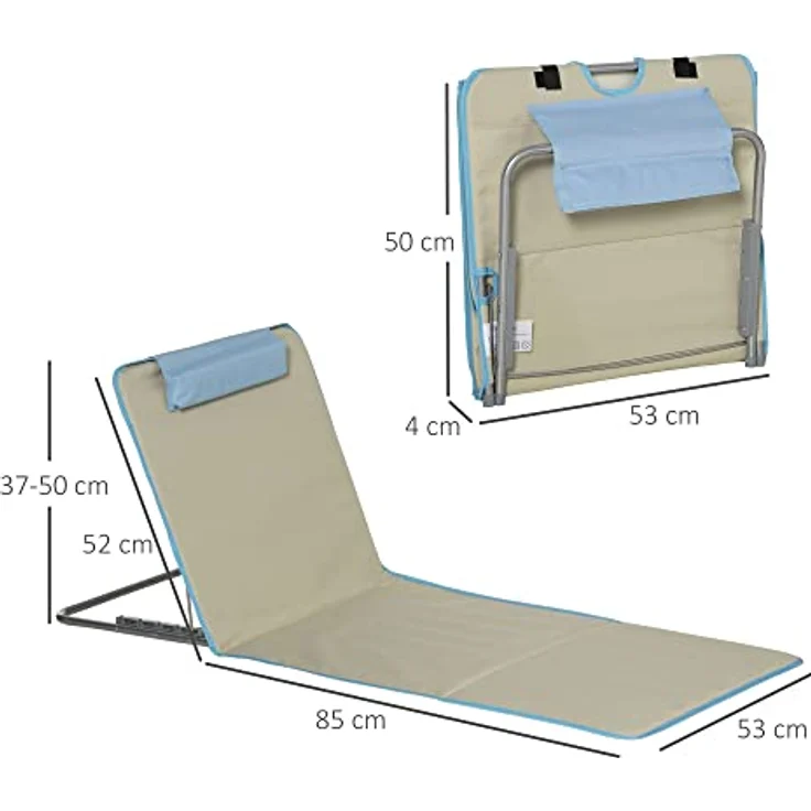 Outsunny Strandmatte 2er Set, Faltbare Strandliege mit Kopfkissen, 5-stufig höhenverstellbar, tragbar, Beige, 134 x 48 x 33-43 cm – Bild 3
