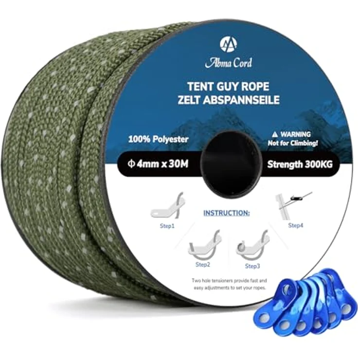 Abma Cord Abspannseile Zeltschnur, 30m Zeltseil mit 6 Seilspanner, 4mm Durchmesser, reflektierende Armee Grün, 300 kg Bruchlast, UV-beständig für Camping und Outdoor – Bild 1