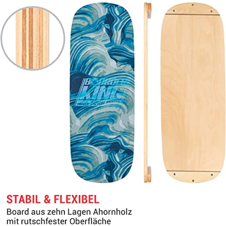 BoarderKING Indoorboard - Balance Board für Indoor-Surfen und Skaten, Gleichgewichtsboard für NeuroMuscular Response Training, inkl. Schutzmatte, 100 mm x 40 cm (Ø x L), Wellen – Bild 3