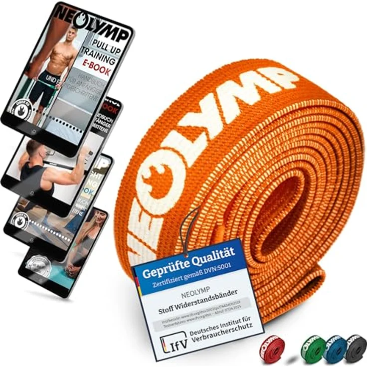 NEOLYMP Lange Fitnessbänder Stoff mit E-Book, waschbare Resistance Bands für Krafttraining, leichter Widerstand 7,5-20 kg, orange – Bild 1