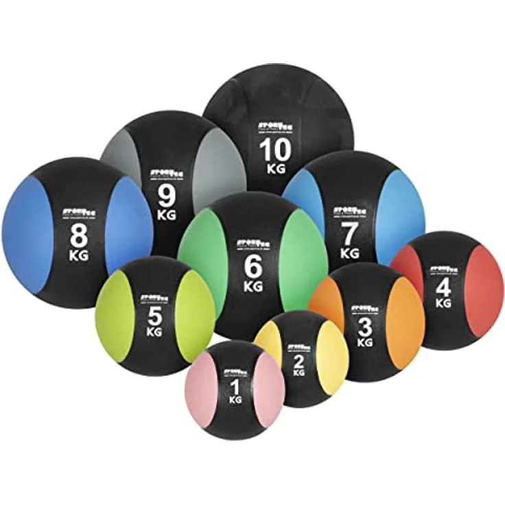 Sport-Tec Medizinball-Set 11-TLG., 1-10 kg inkl. Ständer, hochwertiges Gummi, griffig, vielseitiges Ganzkörpertraining, Schwarz – Bild 3