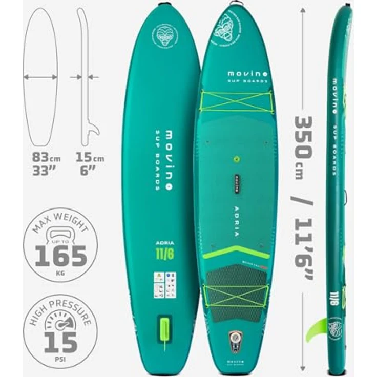 Movino Adria 11’6" Stand Up Paddle Board (350 cm), 2in1 SUP Kajak aufblasbar mit Tragkraft bis 165 kg, Set mit Zubehör und Paddel, Allround-Design, Welded Rail, 15 PSI – Bild 4