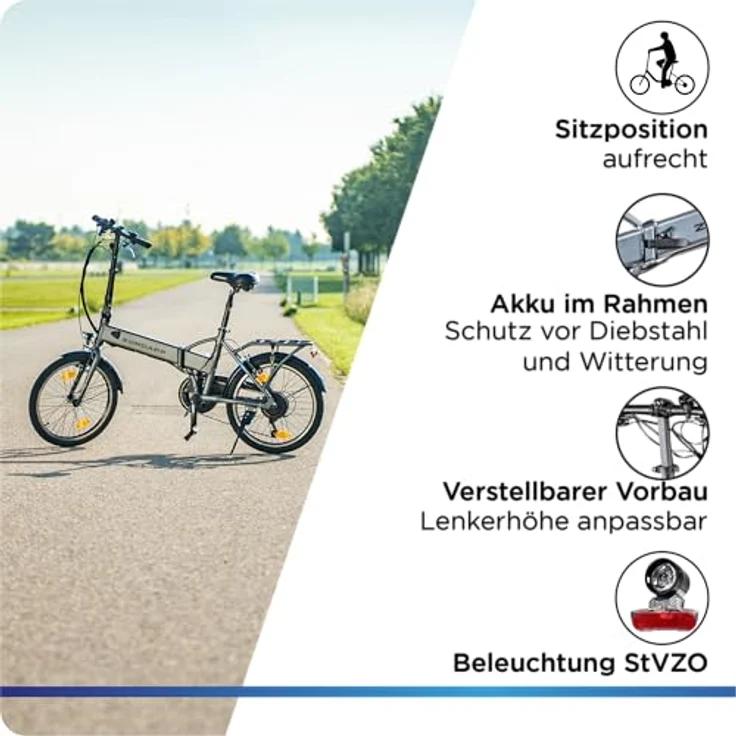 ZÜNDAPP Z101 20 Zoll E Bike Faltrad Damen Herren Elektrofahrrad klappbar Ebike Pedelec, LED Licht, 6 Gänge, V-Bremsen, 270 Wh Akku, für Erwachsene - Schwarz – Bild 5