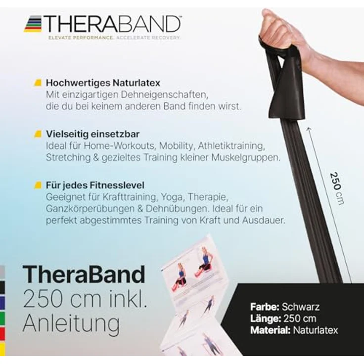 THERABAND 2,50m Fitnessband aus 100% Naturlatex mit Anleitung in schwarz | Gymnastikband für Ganzkörpertraining | Widerstandsband für Zuhause | Pilates-Band für effektives Krafttraining – Bild 2