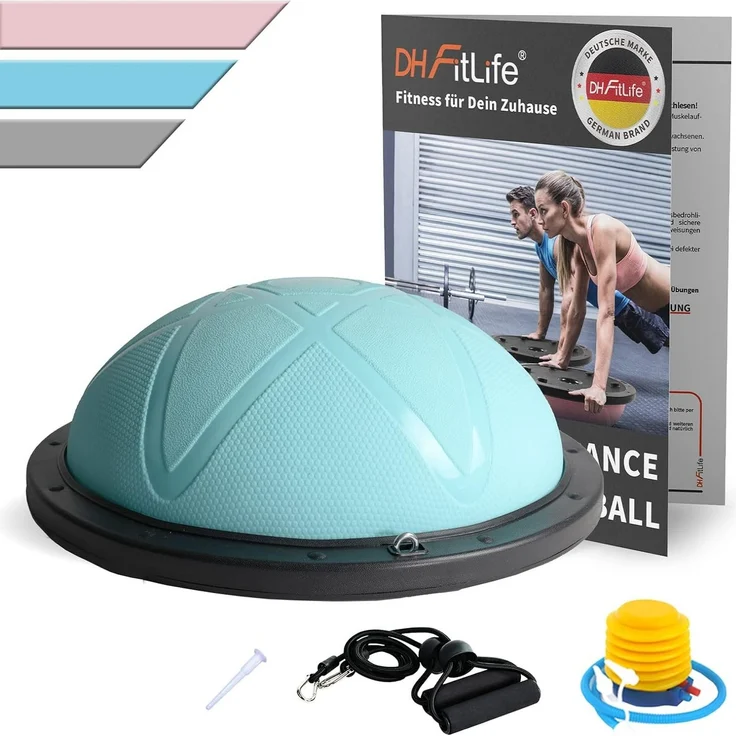 DH FitLife Balanceboard Bosu Ball, beidseitig einsetzbar, Φ60*22cm, bis 200 KG, inklusive Pumpe & 2 Fitnessbänder, rosa/blau/Grau