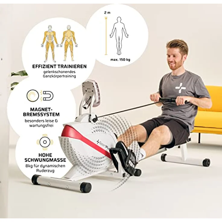 SportPlus| Rudergerät für zuhause| Designed in Germany, klappbar, leises Magnetbremssystem, 8 Widerstandsstufen, Schwungmasse 8kg – Bild 3