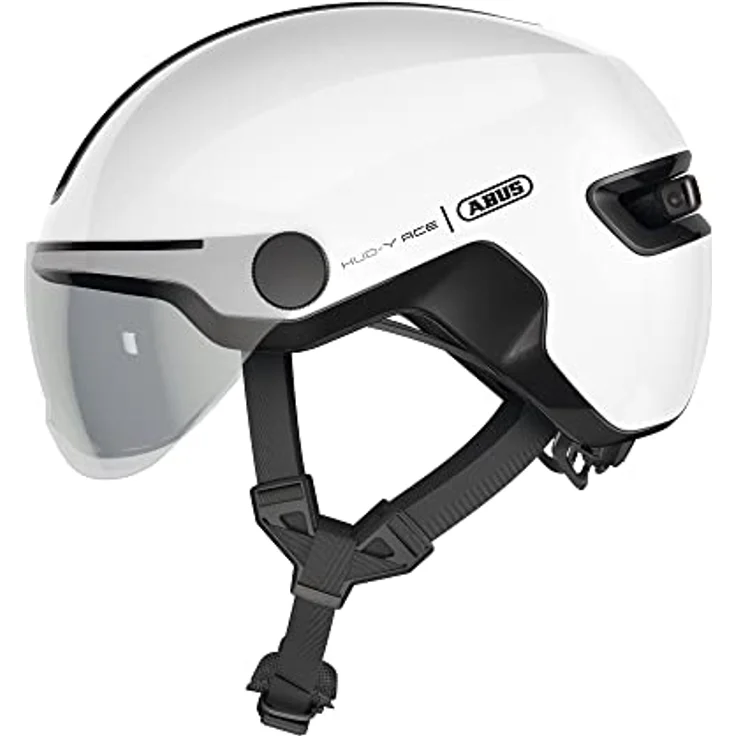 ABUS Stadthelm HUD-Y ACE, stylischer Fahrradhelm mit Visier und aufladbarem LED-Rücklicht, Weiß Glänzend, Größe S – Bild 1