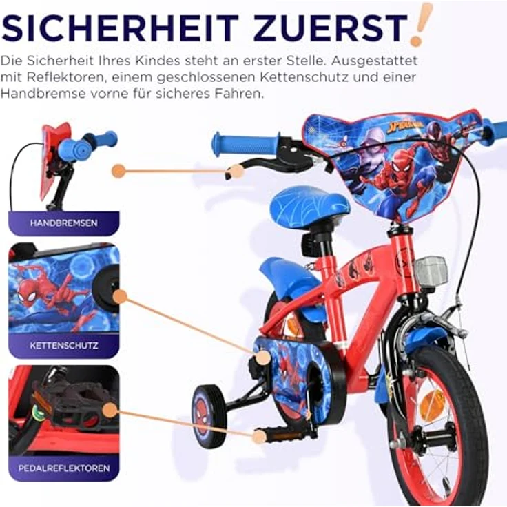 Volare Spider-Man Kinderfahrrad, 12 Zoll mit Handbremse, Rücktrittbremse, abnehmbaren Stützrädern, Blau/Rot – Bild 3
