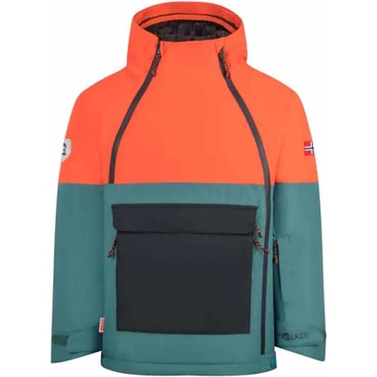 Trollkids Eikedalen Jacket 116, Wasserdichte und atmungsaktive Skijacke, Stormy Blue, mit verstellbarer Kapuze und mehreren Taschen
