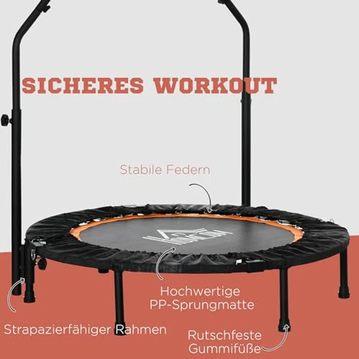 HOMCOM 102 cm Fitness-Trampolin, Faltbares Mini-Trampolin mit höhenverstellbarem Haltegriff, Belastbarkeit bis 100 kg, Schwarz+Orange – Bild 5