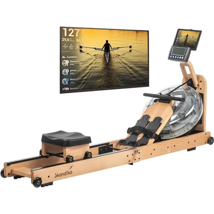 Skandika Wasserrudergerät Nytta | 45° Tank, Holz Rudergerät für Zuhause, klappbar, Kinomap App kompatibel, Europäisches Buchenholz | Holzrudergerät mit Wasserwiderstand