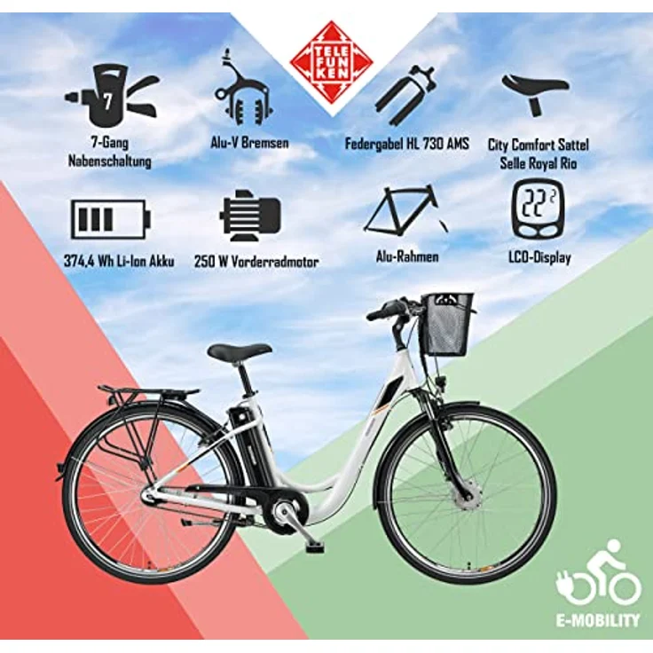 TELEFUNKEN E-Bike Damen 28 Zoll Elektrofahrrad - Citybike Alu mit Fahrradkorb, Frontmotor 250W, 10,4Ah, 36V - RC840 Multitalent, schwarz - Preisvergleich – Bild 5
