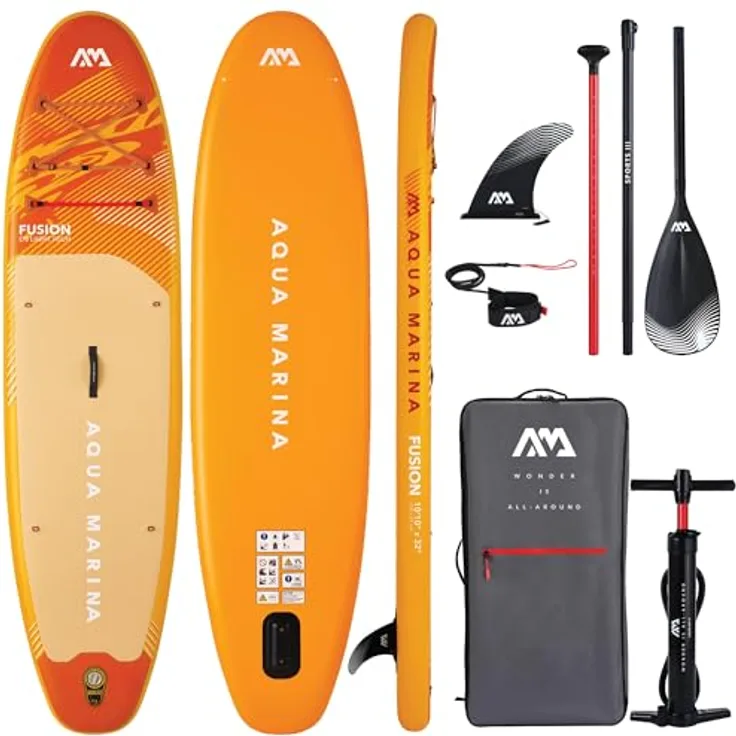 Aqua Marina Fusion Aufblasbares Stand-Up-Paddleboard-Paket, 3 m, mit stabiler Konturenform und komfortablem Sandwellen-EVA-Fußpolster, rot