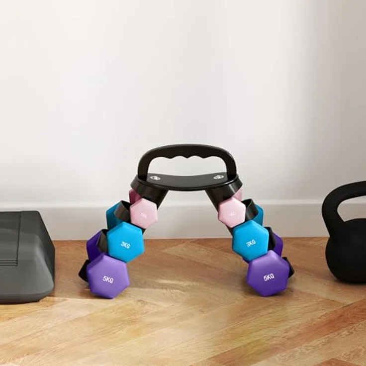 SPORTNOW Hanteln Set 6 Kurzhanteln mit Klappbarem Hantelständer, 2 x 1kg, 2 x 3kg, 2 x 5kg, Hexagon-Design, Rosa-Hellblau-Lila – Bild 9
