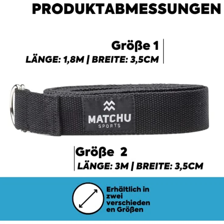 MATCHU Yogagurt, 100% Baumwolle, 3m x 3,5cm, verstellbar mit Metall-D-Schnalle, schwarz – Bild 3