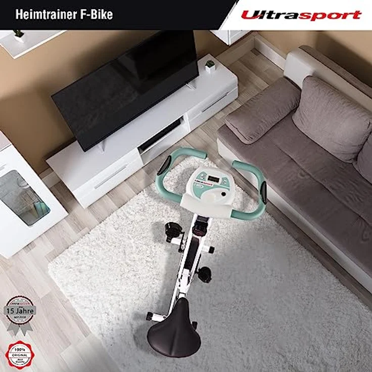 Ultrasport F-Bike, F-Rider Basics, Fahrradtrainer, Fitnessfahrrad LCD Trainingscomputer, Klappbarer Hometrainer, Max. Benutzergwicht 110 kg, Pulsmessung, 8 Widerstandsstufen, Trimmrad, Mint – Bild 2