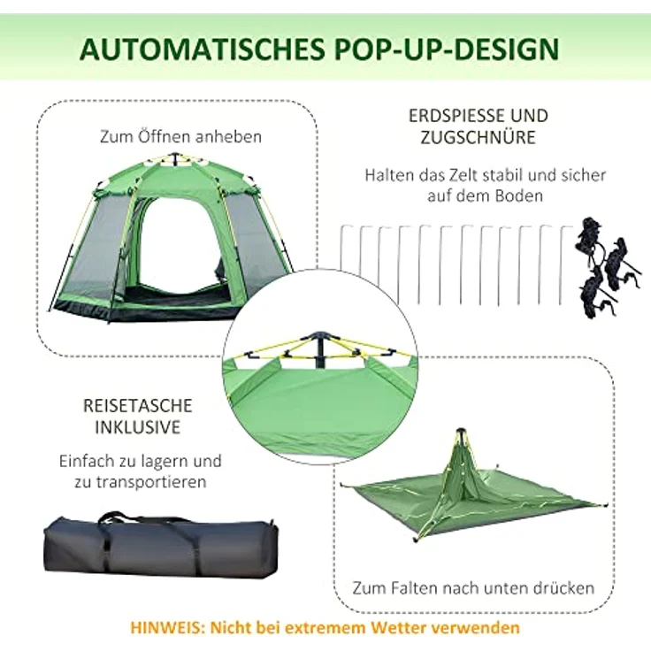 Outsunny Camping Zelt 6 Personen Kuppelzelt, wasserdicht mit schnellem Auf- und Abbau, grün, 320 x 320 x 180 cm – Bild 4
