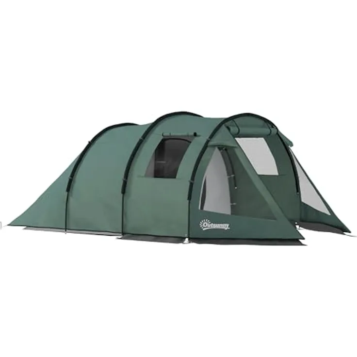 Outsunny Campingzelt für 4 Personen, leichtes Familienzelt mit 2000mm Wassersäule, 2 Räume, Tür und Fenster, inkl. Tragetasche und Zubehör