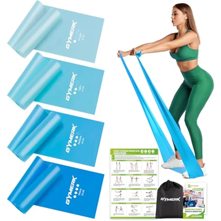 GYMERK Fitnessbänder Set 4er, 1.8M/2M mit 4 Widerstandsstufen in hellblau, mittelblau, dunkelblau, intensiv blau, inkl. Übungsposter & Tragetasche, ideal für Yoga, Pilates, Muskelaufbau – Bild 1