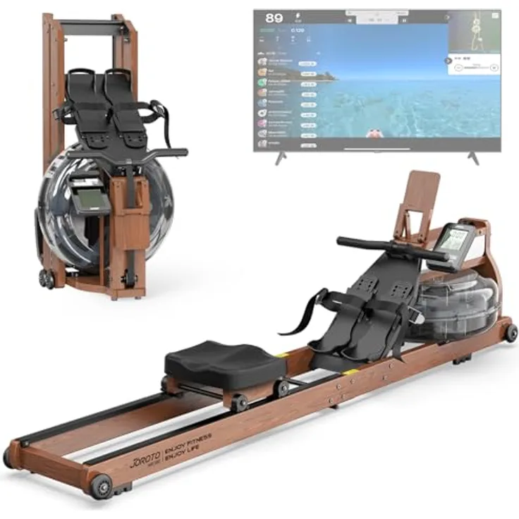 JOROTO Rudergerät für Zuhause, Klappbare Rudermaschine aus Eichenholz, Vergrößerung des Wassertanks, 158KG Gewichtskapazität, Bluetooth Monitor, Telefon- und Tablet-Halterung