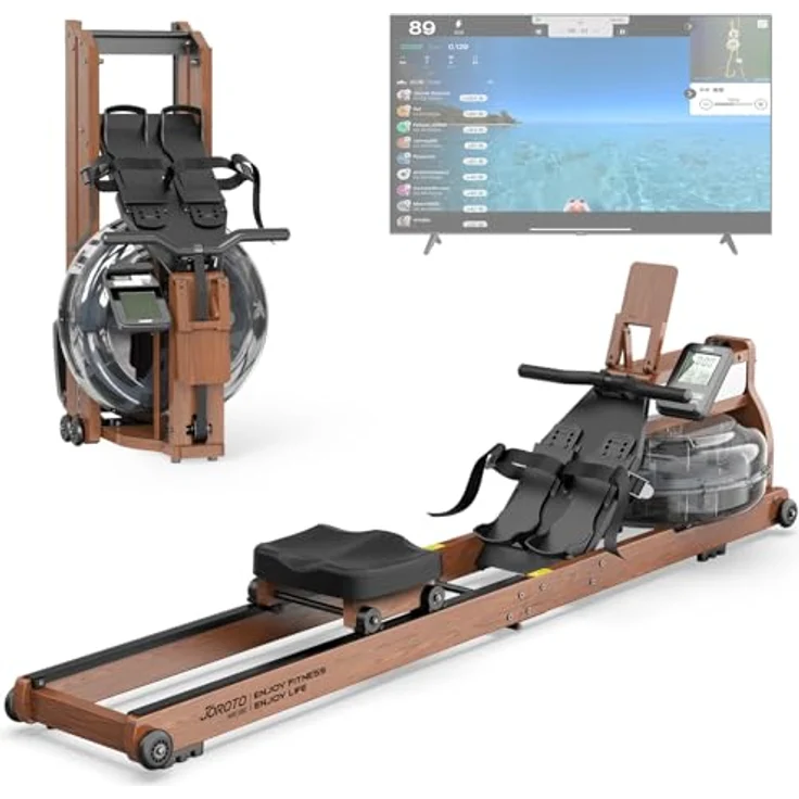 JOROTO Rudergerät für Zuhause, Klappbare Rudermaschine aus Eichenholz, Vergrößerung des Wassertanks, 158KG Gewichtskapazität, Bluetooth Monitor, Telefon- und Tablet-Halterung – Bild 1