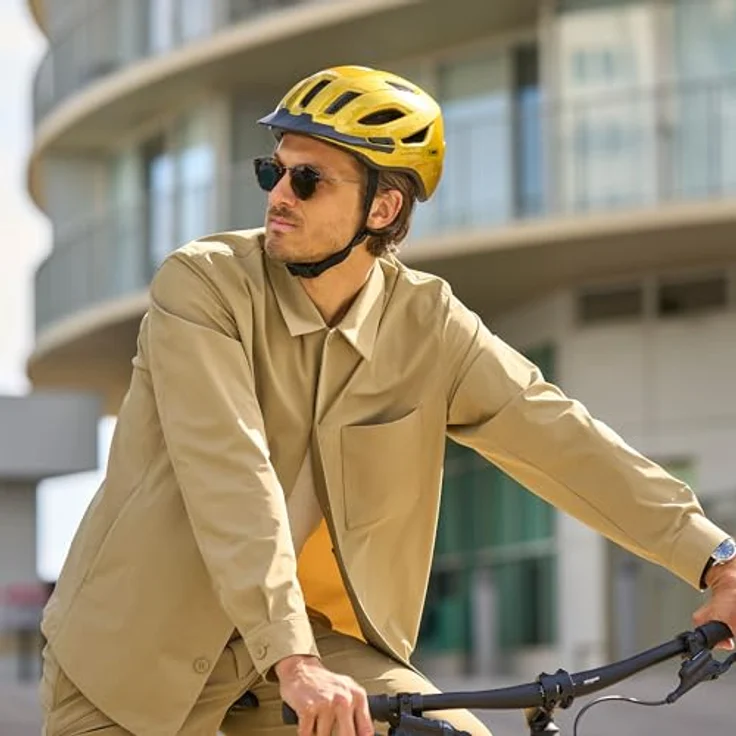 ABUS Stadthelm Urban-I 4.0, Fahrradhelm mit aufladbarem Rücklicht, 2 Leuchtmodi, Schirm, Zopf-Öffnung, magnetischem Verschluss, Größe L, gelb – Bild 8