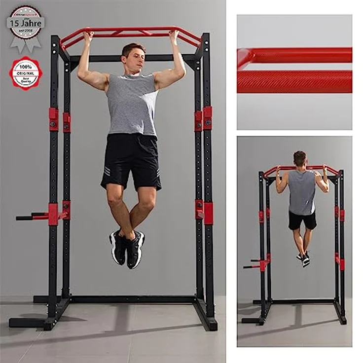 Ultrasport Power Rack Basic, fitness-rack aus Stahl gemacht, Kraftstation mit 4 J-Haken für Langhanteltraining, Klimmzugstange, Dip-Haltern, Ganzkörpertraining für Anfänger bis Fachmann, Schwarz/Rot – Bild 5