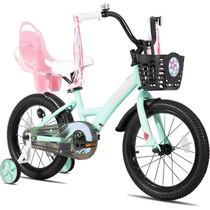 JOYSTAR Mädchenfahrrad 14/16/18/20 Zoll mit Hochkarbonstahlrahmen, Puppensitz, Korb, Stützräder und Schutzblechen
