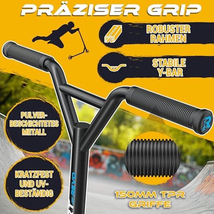 RE:SPORT® Stunt Scooter REVO, Profi Stuntroller für Kinder & Erwachsene mit Ständer, 100mm Polyurethanräder, Y-Bar, ABEC 9 Kugellager, Tretroller Trickroller – Bild 8