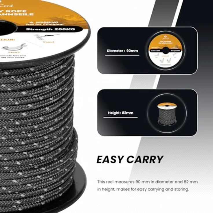 Abma Cord Abspannseile Zeltschnur, 6 Stück Seilspanner, 3mm Durchmesser, 30m Länge, reflektierende Schwarz, für Zelte und Camping – Bild 4