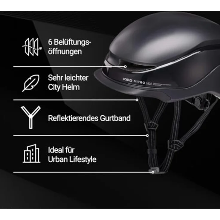 KED Mitro UE-Kollektion 25/26, Urban Fahrradhelm für E-Bike & S-Pedelec mit MIPS, BOA-Verstellsystem, 180 Grad LED-Sicherheitslicht (USB), Farbe: Black Matt, Größe: 58-61 (L) – Bild 2