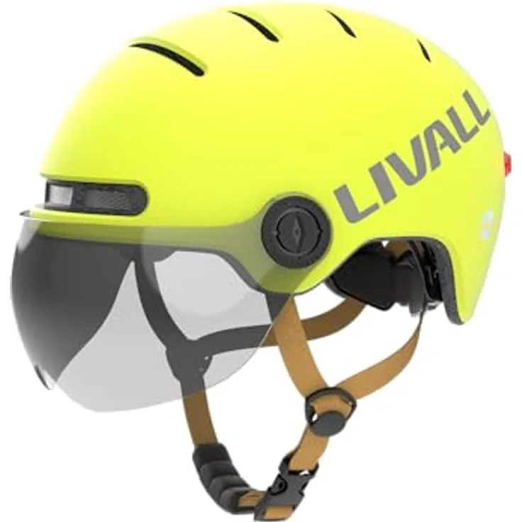 Livall L23, Gelber Fahrradhelm mit Schutzvisier, LED-Beleuchtung und SOS-Funktion, Größe L 58-61 cm