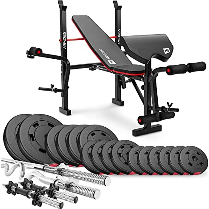 Hop-Sport zusammenklappbare Hantelbank HS-1055 mit Curlpult, Butterfly und Beincurler Inkl. 38 kg - 129,5 kg Hantelset zur Wahl Lang-, Curl- & Kurzhantelstange (74 kg, super SZ-Curlstange) – Bild 1