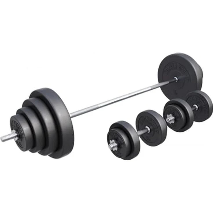 GORILLA SPORTS® Langhantel Set - 60kg, 100kg oder 130kg, Langhantelstange 170cm, 2 Kurzhanteln, Hantelscheiben aus Kunststoff, 30mm, mit Sternverschlüssen - Hantelset, Langhanteln, Gewichten, Fitness – Bild 1