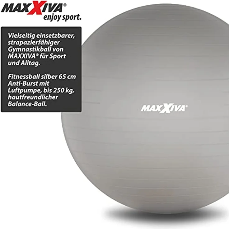 MAXXIVA® Gymnastikball Anti-Burst mit Luftpumpe bis 250 kg hautfreundlicher Sitzball Reha Hometraining Balanceball Yoga Pilates Sport Fitnessball (65 cm, Silber) – Bild 2