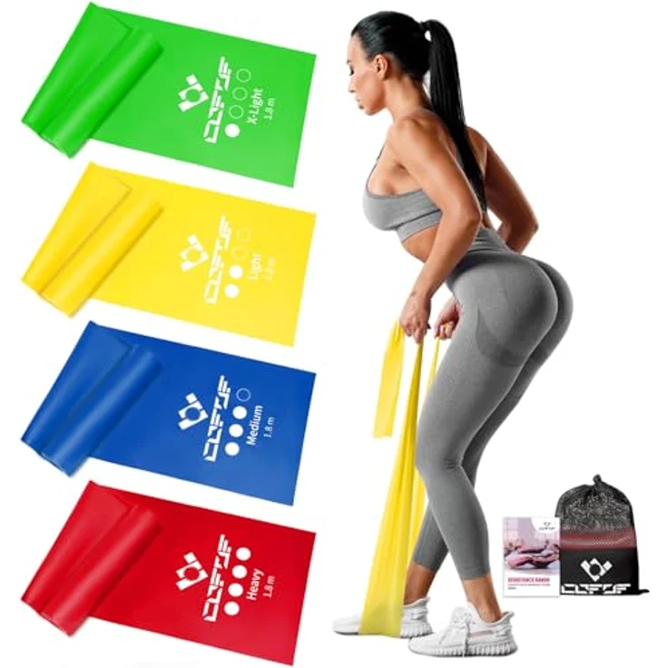 COFOF Gymnastikband 4er-Set mit 4 Widerstandsstufen, Fitnessbänder in Limonengrün, gelb, blau und rot, inkl. Tragetasche & Übungsanleitung – Bild 1