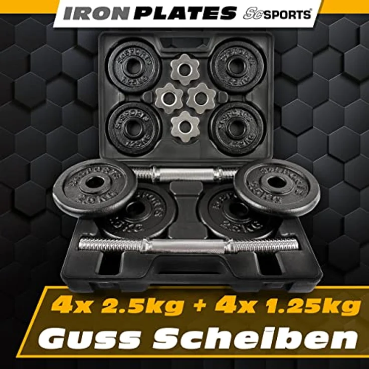 ScSPORTS® Kurzhanteln - 2er Set, 20 kg, mit Koffer, inkl. 8 Gewichte (4 x 2,5kg und 4 x 1,25kg), ⌀ 30/31 mm, Gusseisen, Sternverschlüsse - Kurzhantelset, Hantelset, Kurzhantel, Home Gym, Fitness – Bild 2