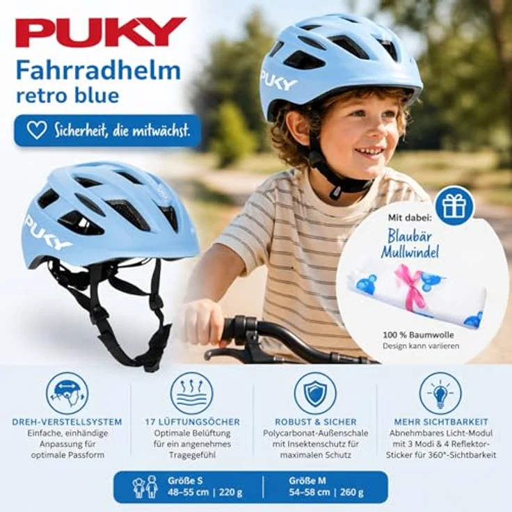 Kinderhaus Blaubär PUKY Fahrradhelm retro blue, Sicherheitshelm mit abnehmbaren Licht-Modul, 17 Lüftungslöchern und optimaler Passform – Bild 4