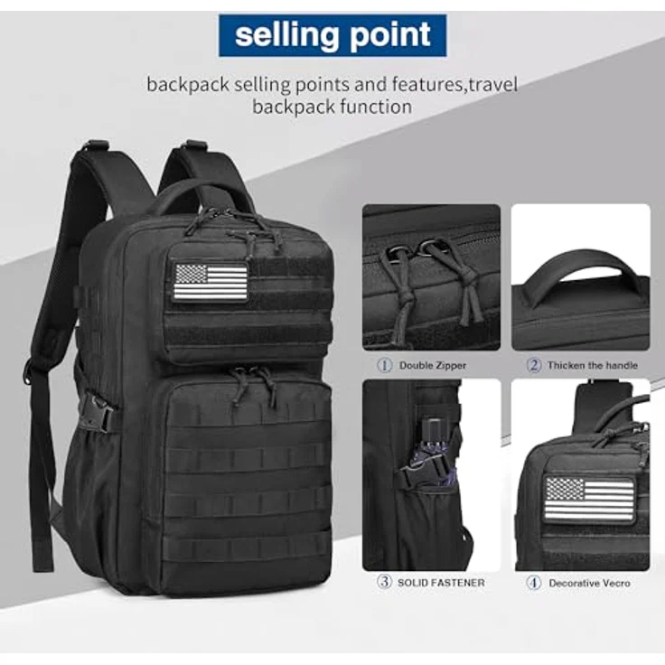 Wotony Militärischer Taktischer Rucksack, Wasserdichter 3-Tage-Assault Pack mit Molle-Tasche und Wasserflaschenhalter, Schwarz, 25L – Bild 5