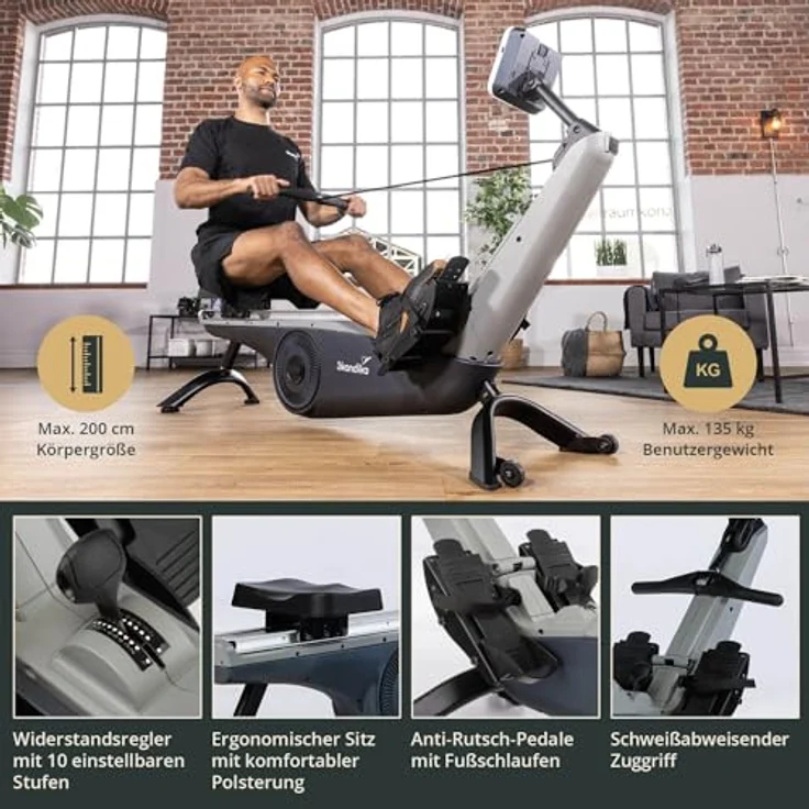Skandika Rudergerät Freki | Rudergerät für Zuhause in Studio Qualität, 10-stufiger Magnetwiderstand, 8 kg Schwungmassensystem, Kinomap App kompatibel, aufstellbar, bis 200 cm | Fitnessgerät – Bild 5
