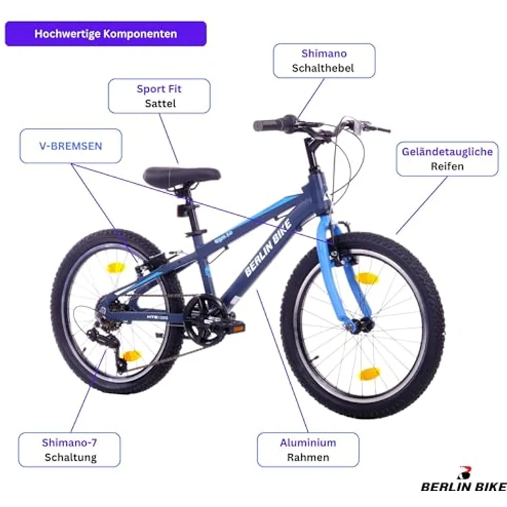 BERLIN BIKE Kinderfahrrad Grizz 20 Zoll Alu MTB, 7-Gang Shimano, für 6–9 Jahre, stabil und leicht, einfache Montage – Bild 3