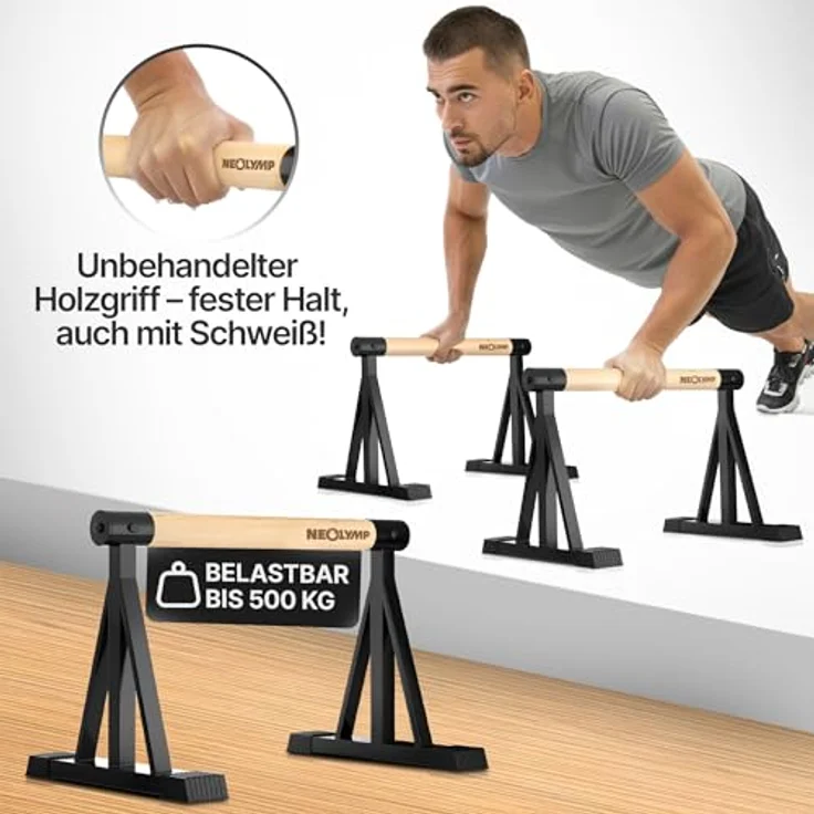 NEOLYMP Parallettes Holz, Calisthenics Liegestützgriffe aus massivem Buchenholz & Stahl, rutschfest und ergonomisch, 2 Höhen (10 cm & 30 cm) – Bild 3
