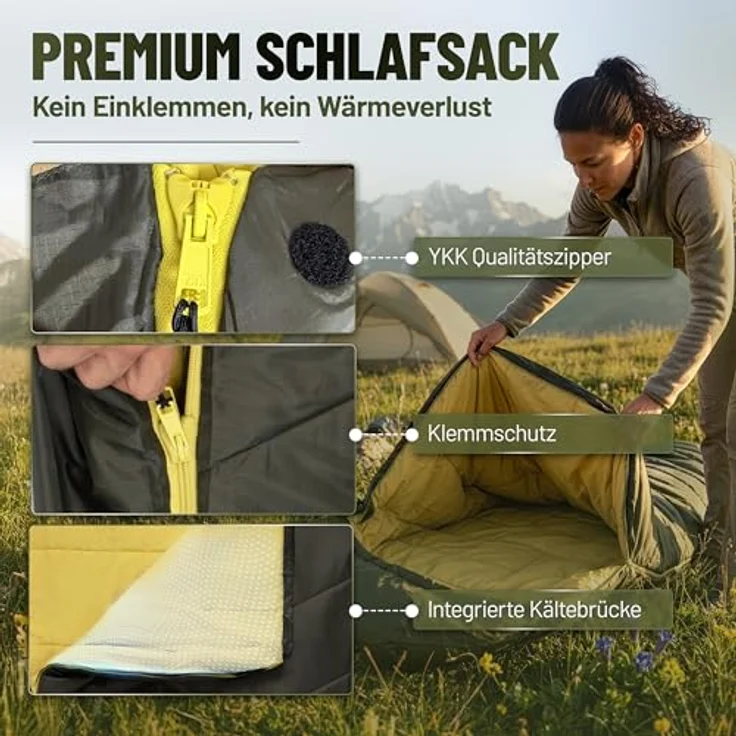 ALPENWERT® Schlafsack Sommer Ultraleicht 220x80cm, Wasserabweisend, YKK Reißverschluss, Kältebrücke, Dunkeloliv/Senfgelb – Bild 5