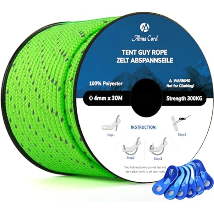 Abma Cord Abspannseile Zeltschnur 30M, 4mm mit 6 Seilspannern, reflektierende Neon Grün, hohe Sichtbarkeit und 300 kg Bruchlast für Camping und Zelte – Bild 1