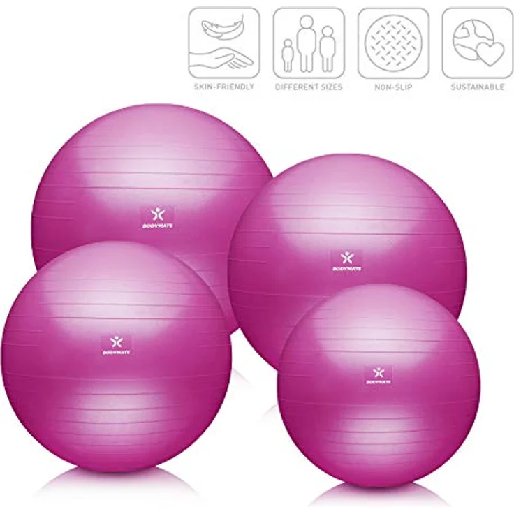 BODYMATE Gymnastikball Sitzball Trainingsball mit GRATIS E-Book inkl. Luft-Pumpe, Ball für Fitness, Yoga, Gymnastik, Core Training, für starken Rücken als Büro-Stuhl Magenta 85cm – Bild 2