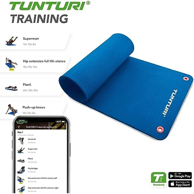 Tunturi Yogamatte, professionelle 15 mm TPE Fitnessmatte, blau schwarz, beidseitig verwendbar mit Ösen zum Aufhängen – Bild 3