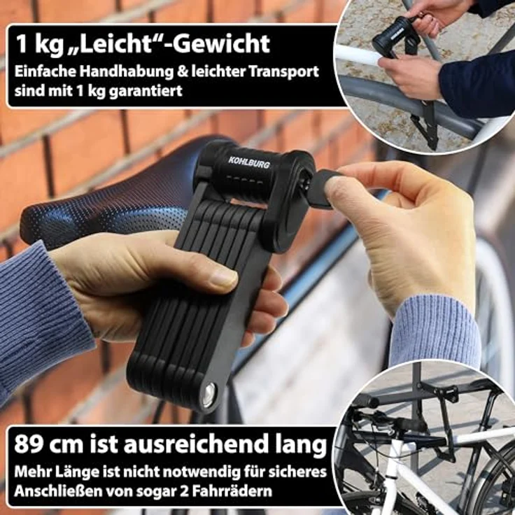 KOHLBURG Fahrrad Faltschloss Modell Wien, 89 cm, 1 kg leicht, hohe Sicherheit, inkl. Halterung für E-Bike & E-Scooter – Bild 5