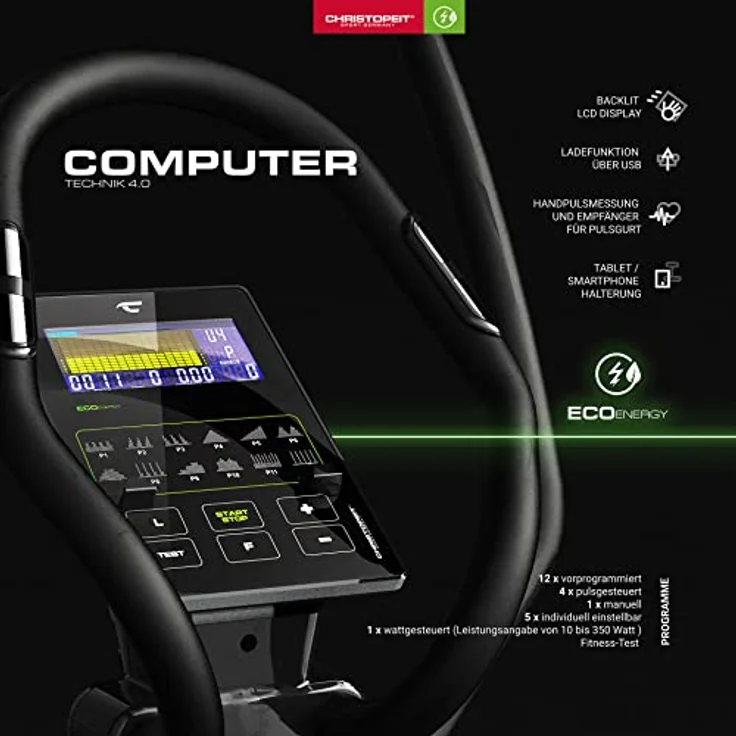Christopeit Sport Crosstrainer-Ergometer Eco 2000 – Ellipsentrainer mit Eigenstrom-Generator, USB, Kinomap-App – Bild 5