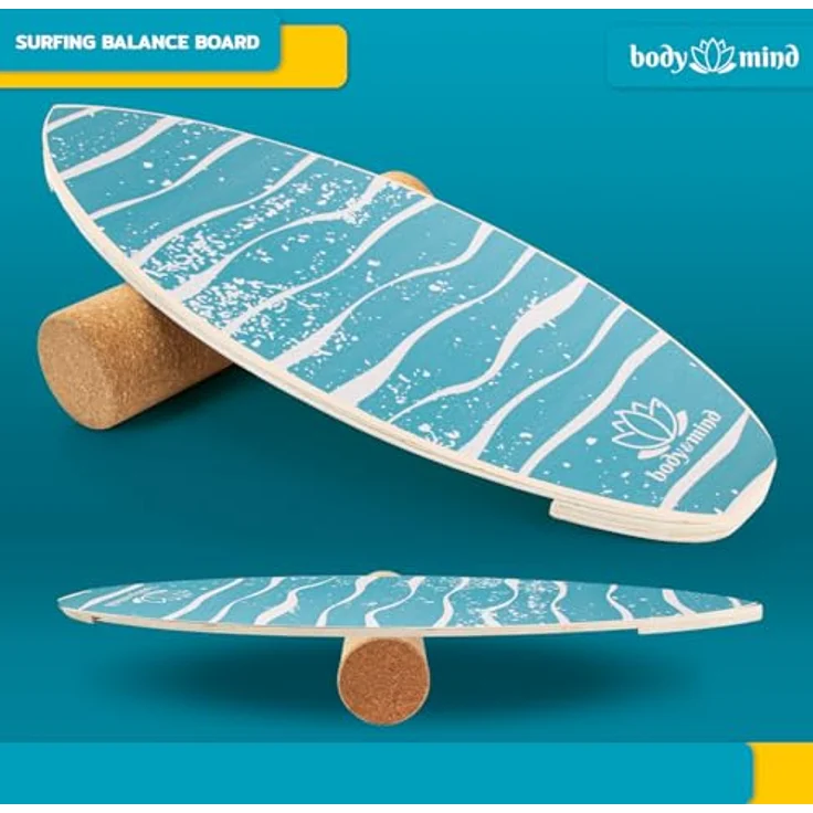 Body & Mind Balance-Board Surfbrett, Wackelbrett für Physiotherapie und Surf-Training, inklusive Korkrolle und gratis E-BOOK (Light Waves) - ideal für Gleichgewicht und Koordination, aus hochwertigem Holz, 78x30 cm – Bild 4